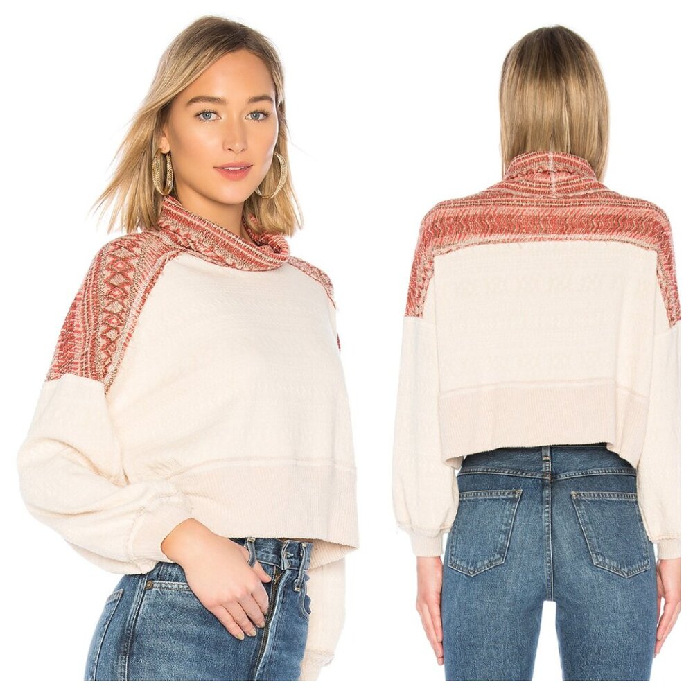 Free People At the Lodge Intarsia Knit Ivory Red Funnel Neck Cropped Sweater